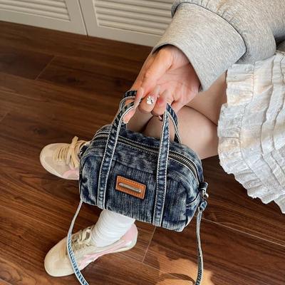 Borsa Boston Mini in Denim Vintage Borsa a Tracolla da Donna