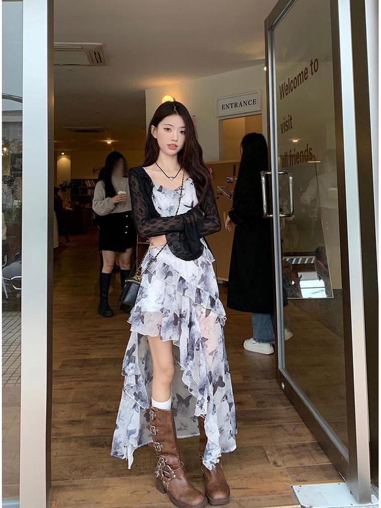 Retro French Floral Maxi Dress – Slim Waist & Irregular Hem for Women