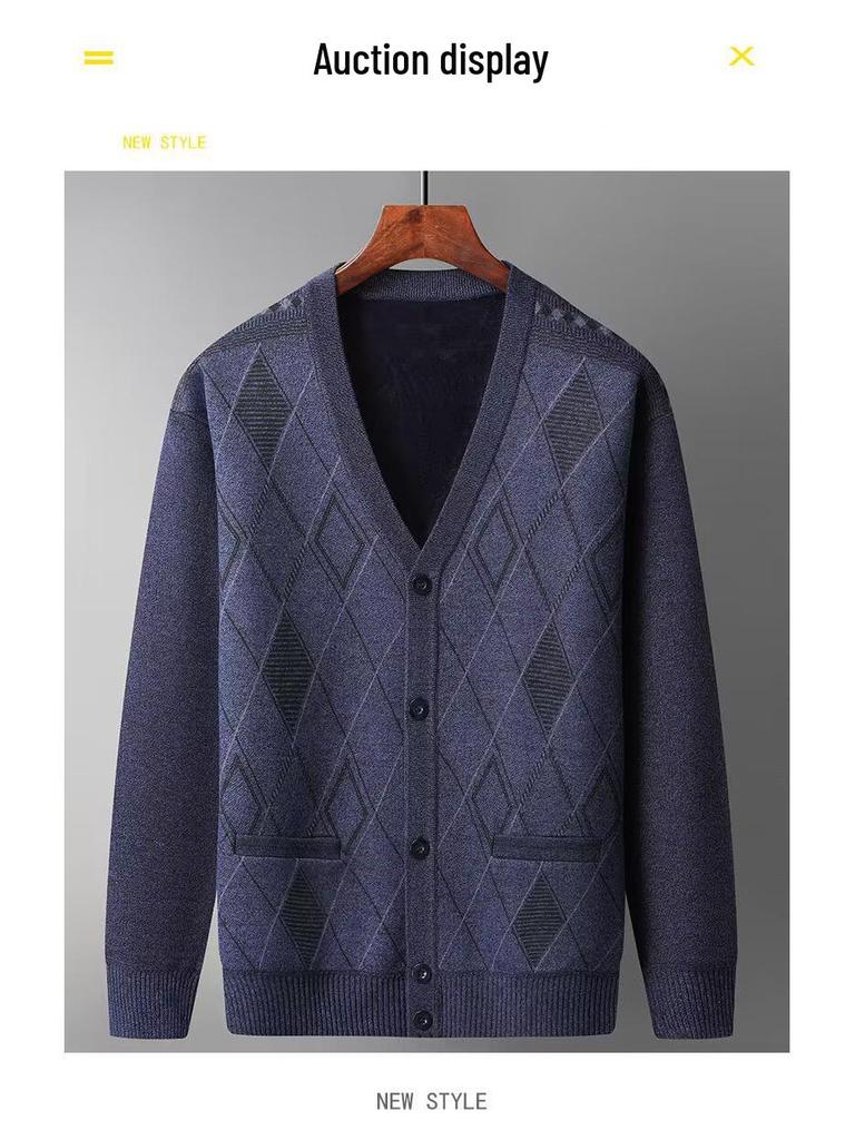 Men's V-Neck Knit Cardigan Sweater: Autumn-Winter Plus Velvet, Thickened, Loose Fit for Middle-aged & Elderly