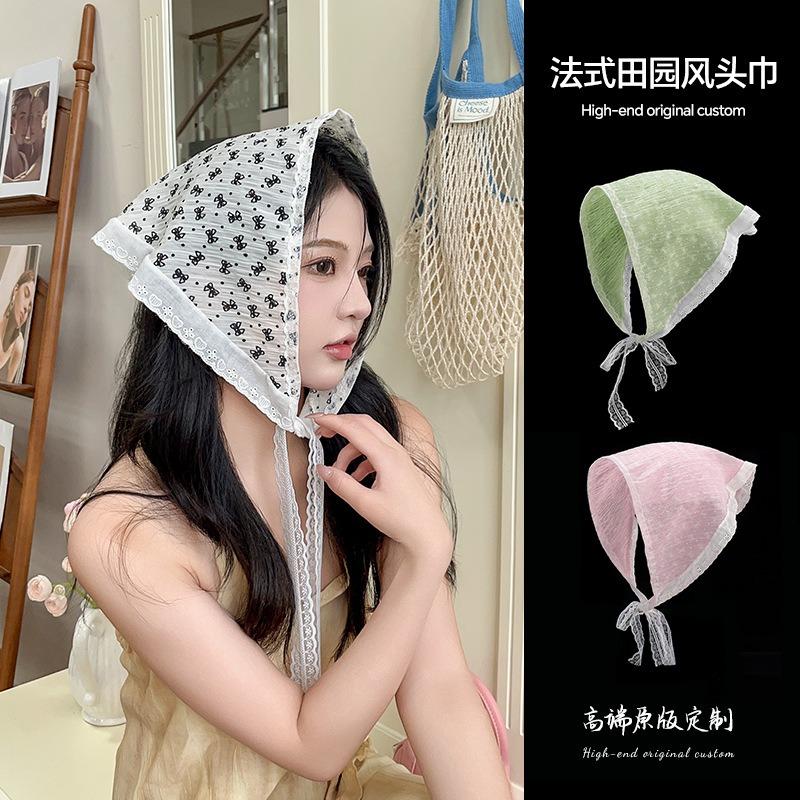 Headscarf summer women's pastoral triangle scarf literary retro crochet triangle scarf hat Y2K hot girl girl children hollow bud