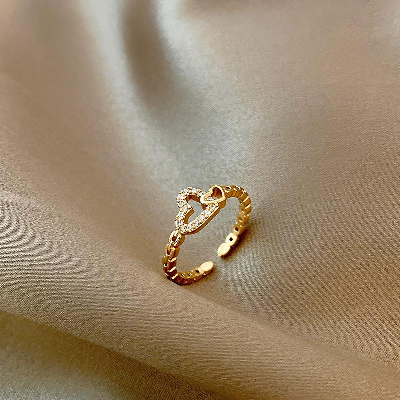Fashion Double Heart Open Rings For Women Gold Color Crystal Chain Ring Girls Korean Party Jewelry Gift