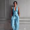 Women Clothing Set Sexy V-Neck Button Tank Fashion Casual