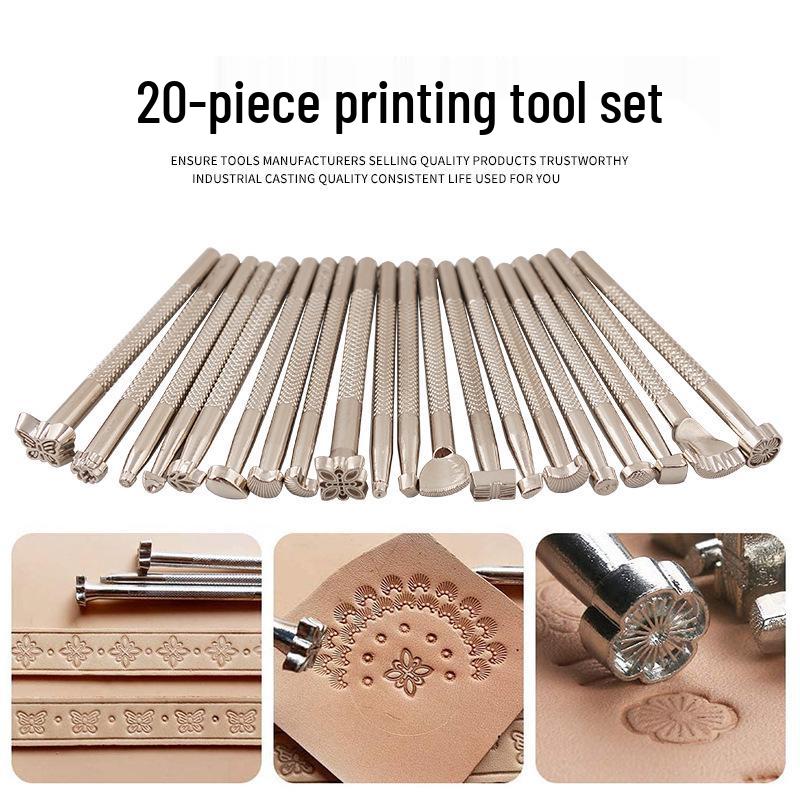 20dílná DIY sada nástrojů na kožené řezbářství a ražení