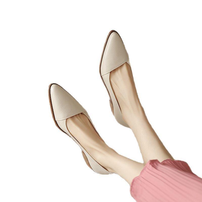 Medium heel thick heel single shoes women's new spring and autumn pointed head shallow mouth small leather shoes one pedal grandma shoes