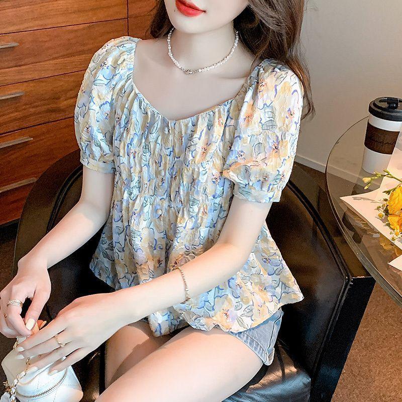 Women Square Neck Puff Short Sleeve Floral Chiffon Blouse Single Breasted Ruched Waist Peplum Shirt Summer Slimming Hide Belly Vintage Printed Top