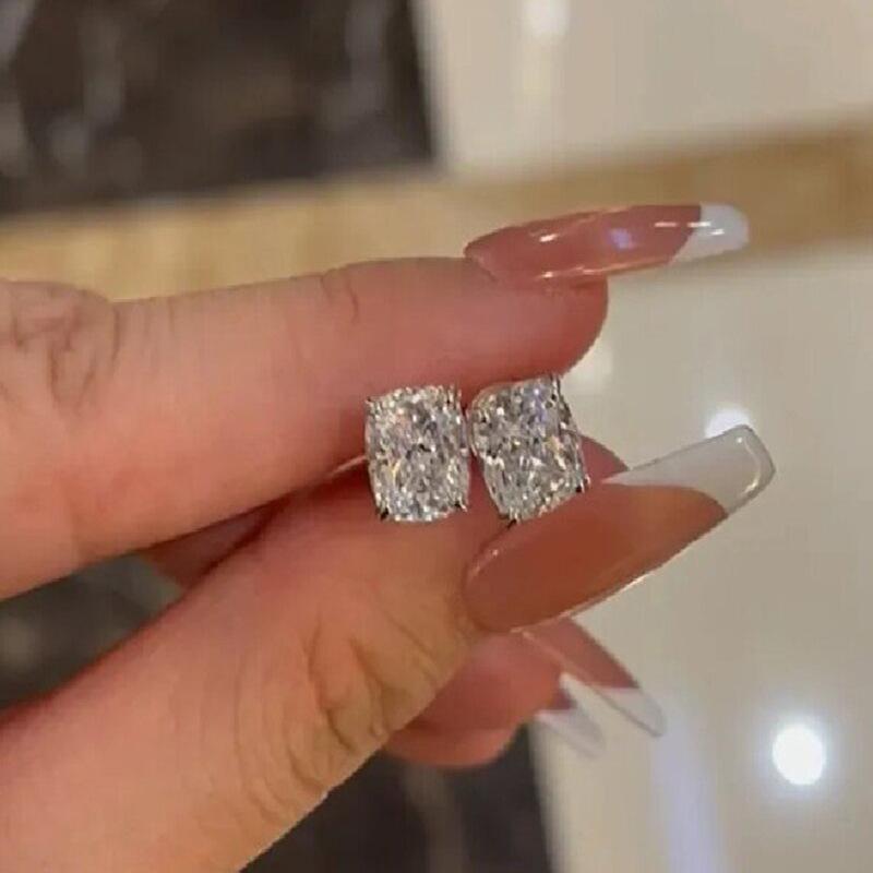 Radiant Cut Four Prong Big Clear Stone Stud Earrings Minimalist Brilliant Faceted Everyday Studs for Women Formal Jewelry