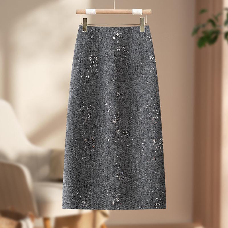 Sequined Woolen High-Waist Straight Skirt for Women