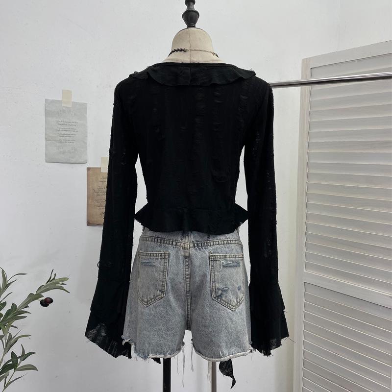 Post-Apocalyptic Style Ruffled Tie-Up Ripped Cardigan, Long-Sleeve Outer Layer