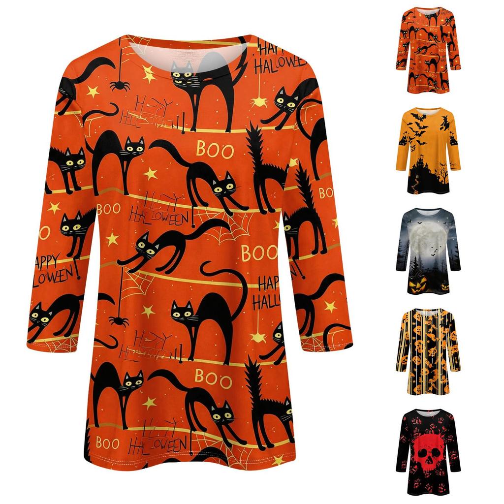 Women's Halloween Print Round Neck Three-Quarter Sleeve Blouse Top for Fall Parties