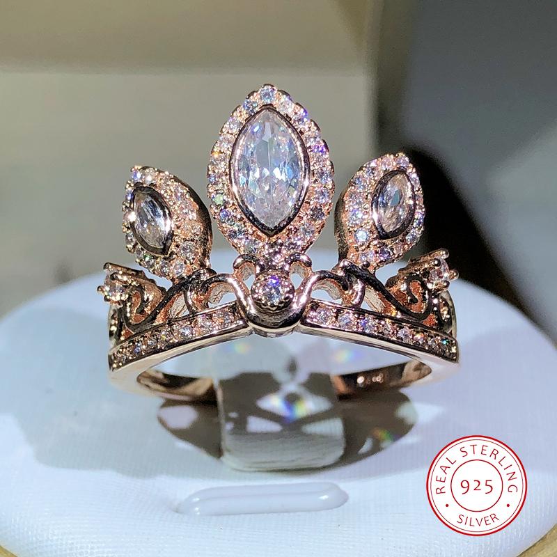 925 Sterling Silver Exquisite Crown Zircon Ring Ladies Drop-shaped Princess Ring Wedding Engagement Jewelry Gift