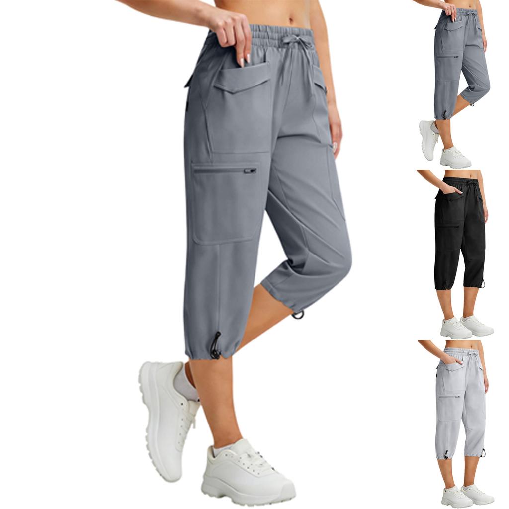 Dámské elastické 3/4 kalhoty s vysokým pasem, ležérní střih, široké capri kalhoty s kapsami