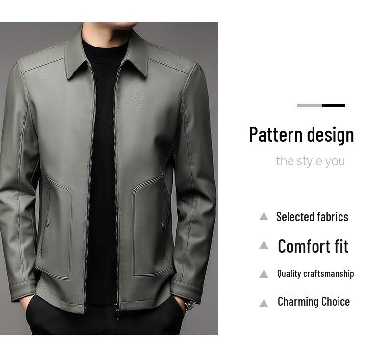 Pánská kožená bunda z ovčí kůže s límečkem pro střední věk - Neformální motorkářské svrchní oblečení ve stylu "táta" s podšívkou z plyše