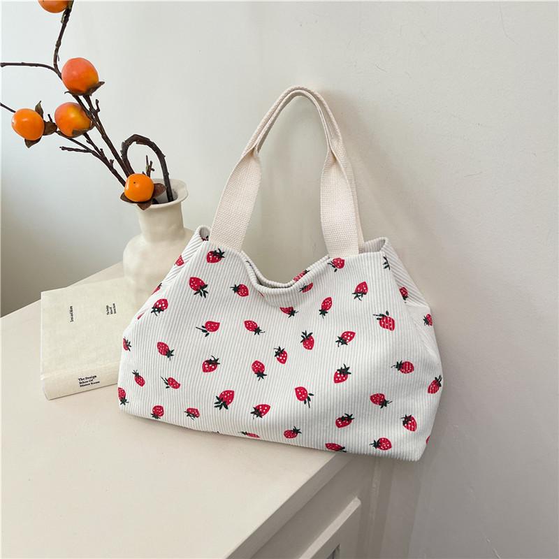 

Вместительная красивая женская сумка лето новая полоска бархат принт клубники универсальная на одно плечо портативная сумка-тоут для поездок на работу белый
