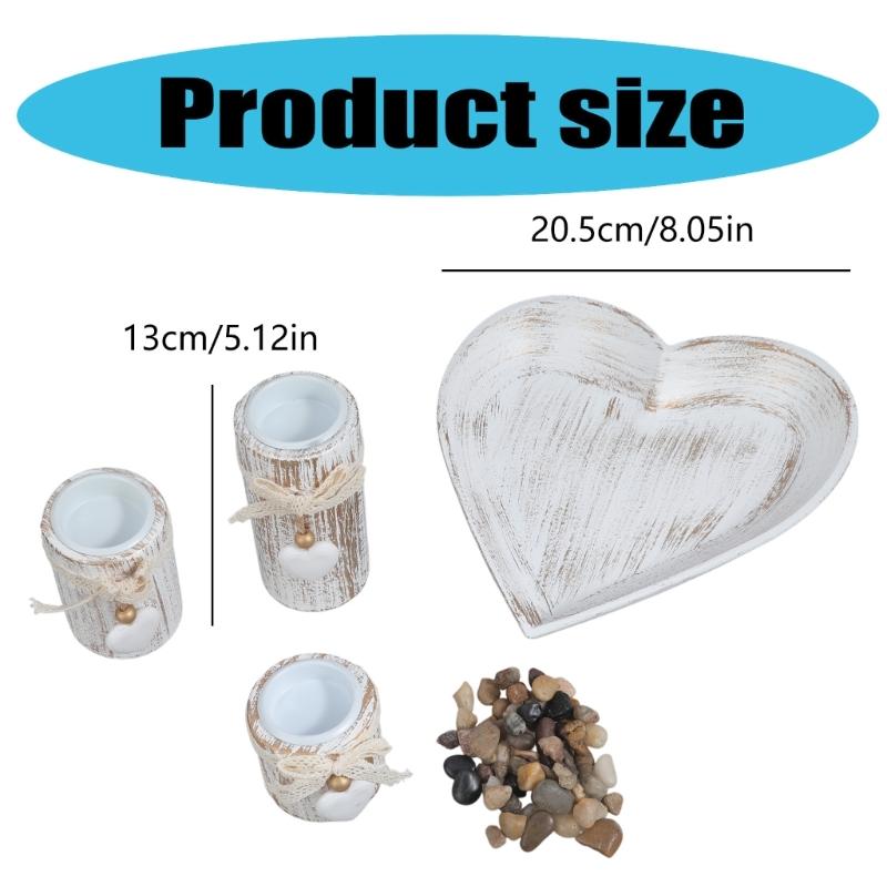 3Pcs Wood Candlestick Set Tealight Candle Holders with Romantics Heart Designs Tray and Bows Decoration for Centerpieces