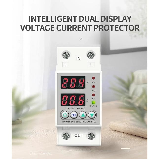 Din Rail Dual Display Adjustable Over Voltage Current And Under Voltage Protective Device Protector Relay 40A 63A 80A 220V 230V