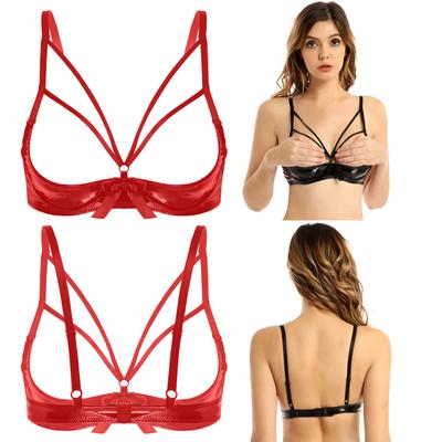 Dames beugelbeha crop top uitgehold open cup lakleren beha lingerie ondergoed
