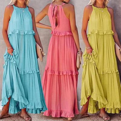 Mulheres Ruffle Long Boho Maxi Vestido Verão Sem Mangas Festa Férias Praia Vestido de Verão