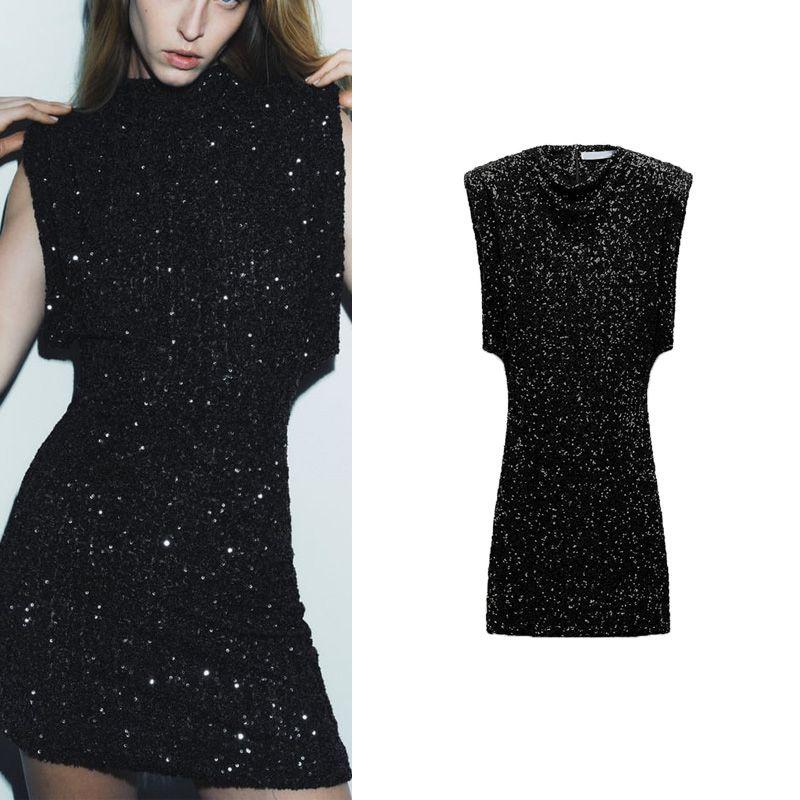 Fall and Winter Niche Style Sleeveless Strap Padded Shoulder Beads Decoration Dress