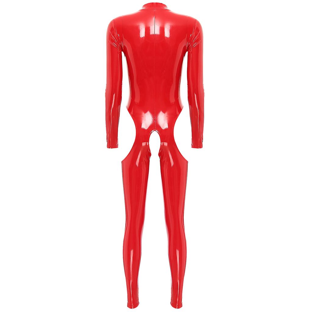 Womens Wet Look Catsuit Patent Leather Jumpsuit Long Sleeve Bodysuit Zipper Stand Collar Cutout Crotch Catsuit