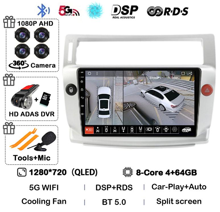 Android 14 Carplay Auto For Citroen C4 C-Triomphe Quatre 2004-2014 Car Radio Multimedia Video Player Head Unit Stereo 360 Camera