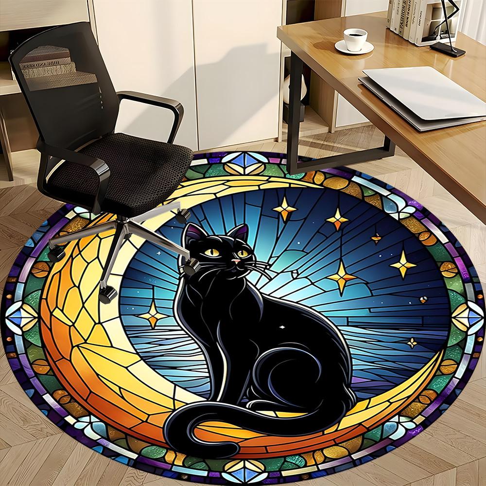 1pc Stained Glass Cat Office Round Area Rug,  Mat Suitable For Office, Under Office Chairs Bedroom Living Room Home Decor, Room Deco