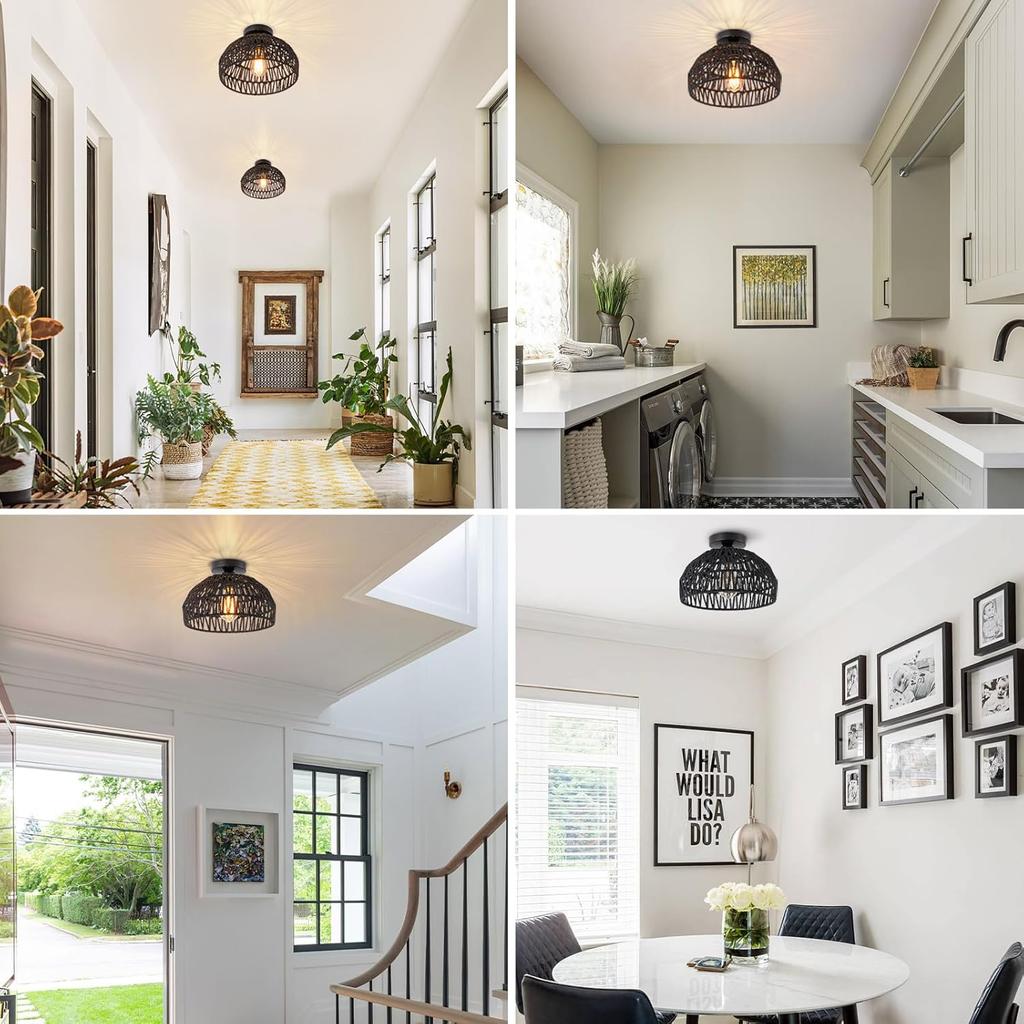 Boho Light Fixtures Ceiling Rattan Lights Boho Chandelier Flush Mount Ceiling Light for Hallway Foyer Entrance Bedroom Kitchen