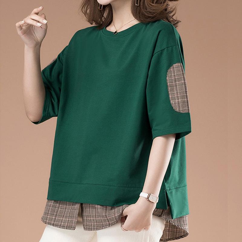 Design sense fake two-piece T-shirt women's short-sleeved 2025 summer new loose casual mother large size meat-covering and thin top