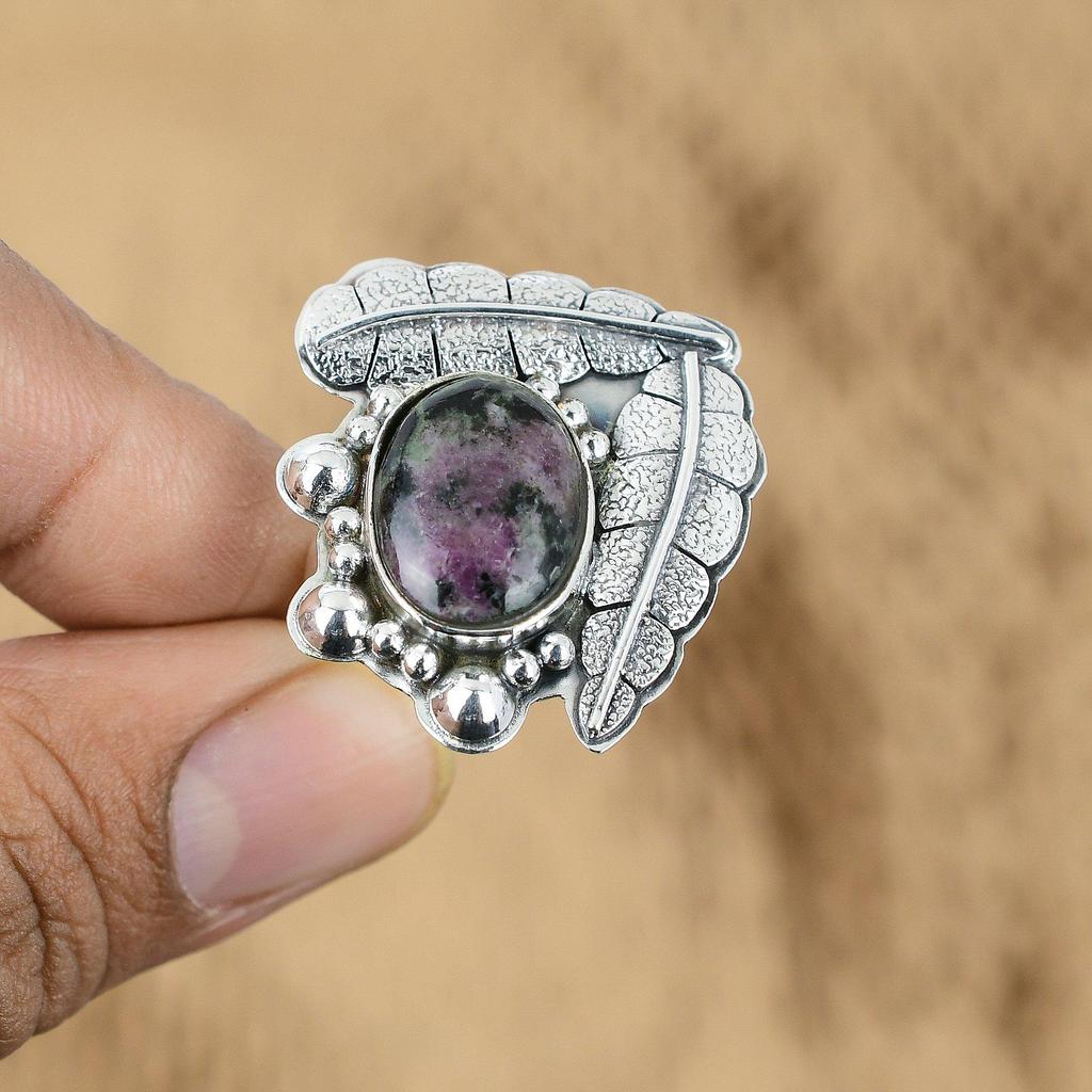Oval Ruby Zoisite Stone Promise Daughter Art Deco Statement Ring Sterling Silver