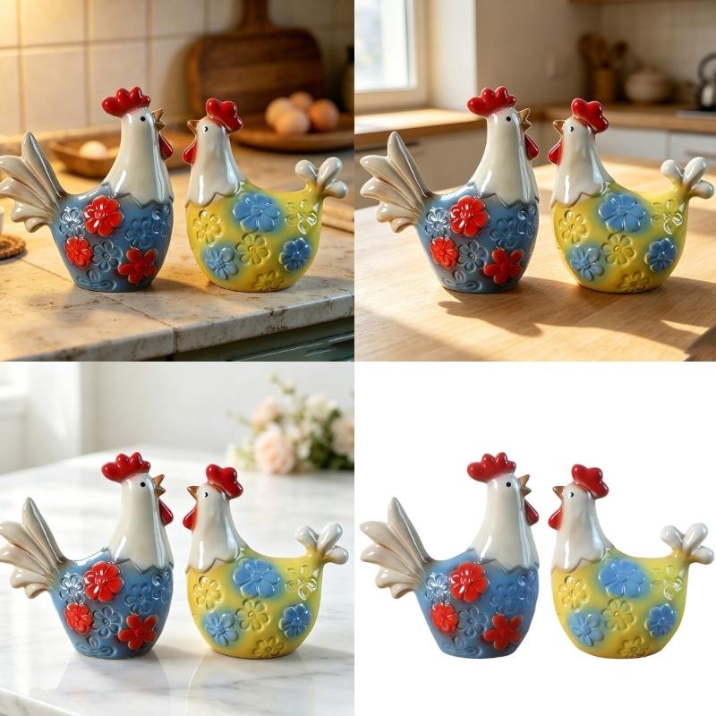 2 Pack Glazed Ceramic Decors Farm Animal Figurine Floral Textured Table Accent for Shelf Cabinet Entryway Living Room and Desk Display