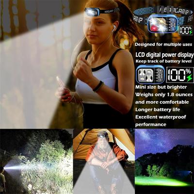 Wiederaufladbare Stirnlampe, Taschenlampe, helle, wasserdichte LED, Bewegungsmelder, Scheinwerfer, Notfall-Stirnlampe, Camping, Angeln, Stirnlampe