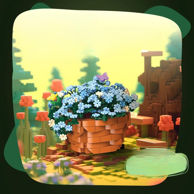 365PCS Blue Snow Flowers Building Blocks Preserved Potted Flowers Model Bricks Home Decoration Diy Toys For Kids Holiday Gifts