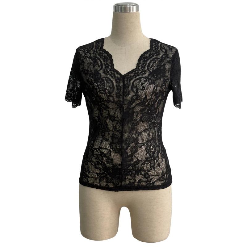 Summer New Women's Elegant V-neck Solid Color Lace Sexy Slim Slim T-shirt Top