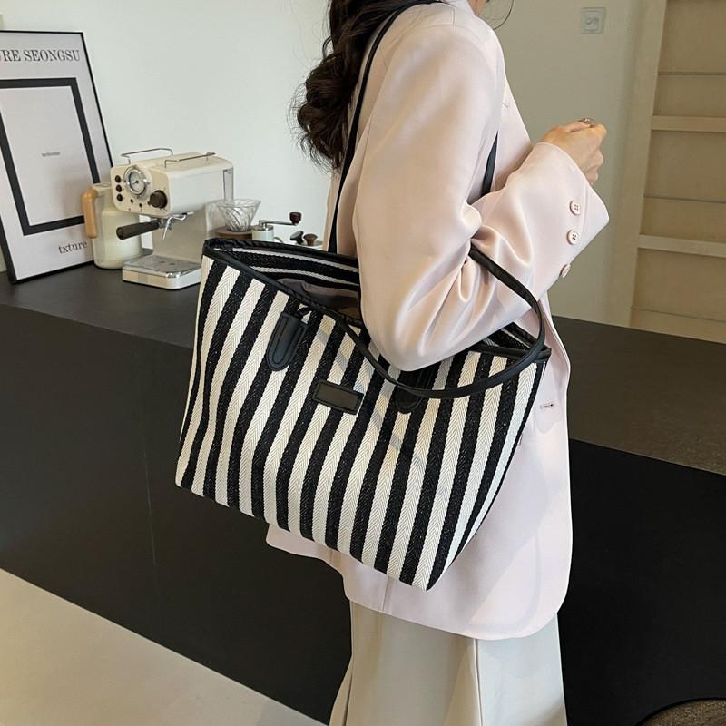 Chic Fashionable Striped Canvas Tote Bag 2024 New Large Capacity Handbag For Women