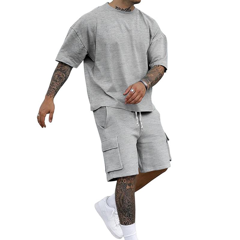 

Summer New Men s Round Neck Short Sleeve T-shirt Shirt Shorts Two-piece Suit Loose Large Size XXXL світло-синій колір