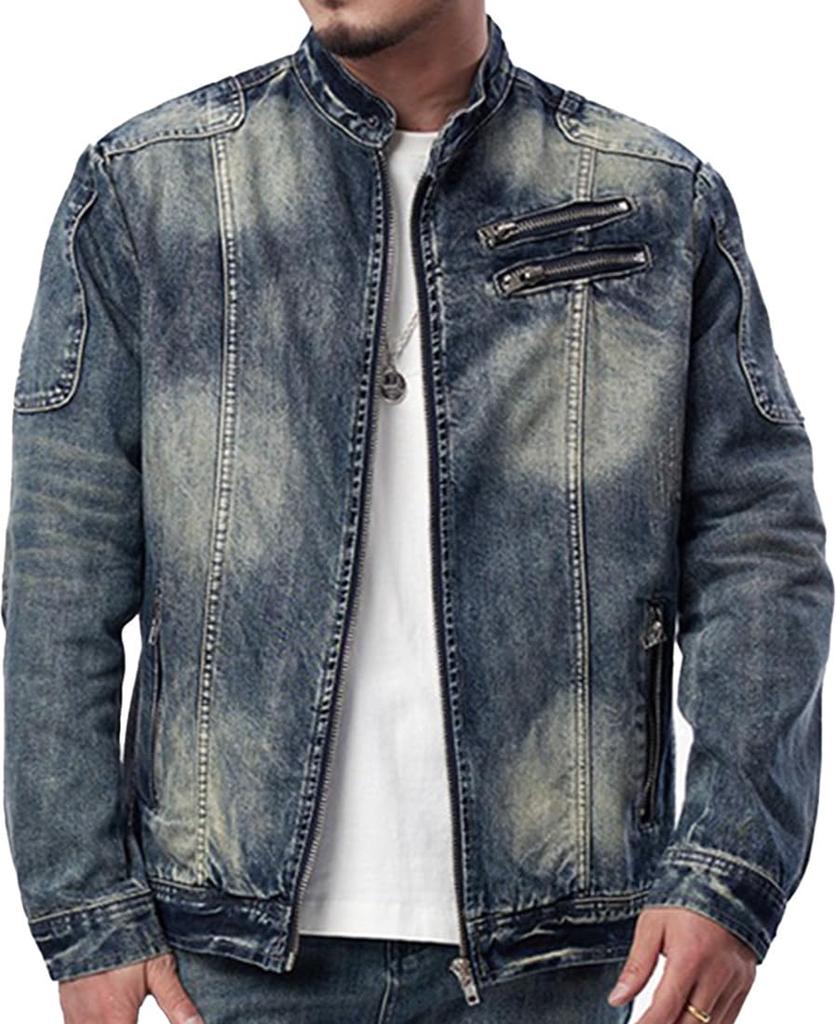 Laquest Stand Collar Zipper Denim Jacket Men's Vintage-Style (Size 2XL)