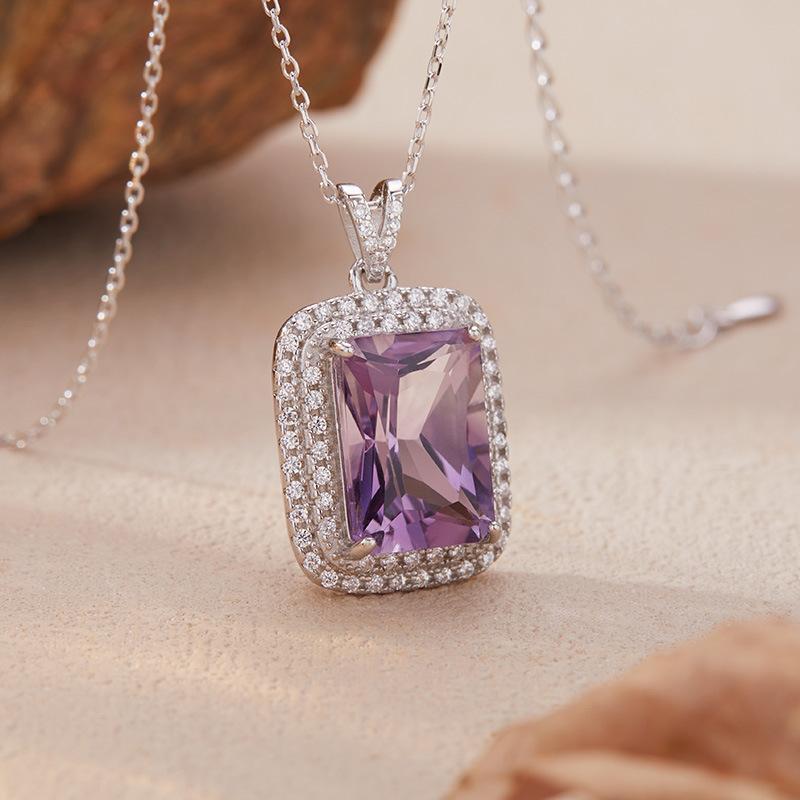 Large Natural Amethyst Pendant Necklace Female Princess Square Cut S925 Silver Colored Jewelry.