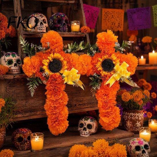 Floral Cross Decoration 2Pcs Dia De Los Muertos Artificial Flower, Marigold Wall Decor for Day Tabletop Flowers of The Dead Halloween Easter