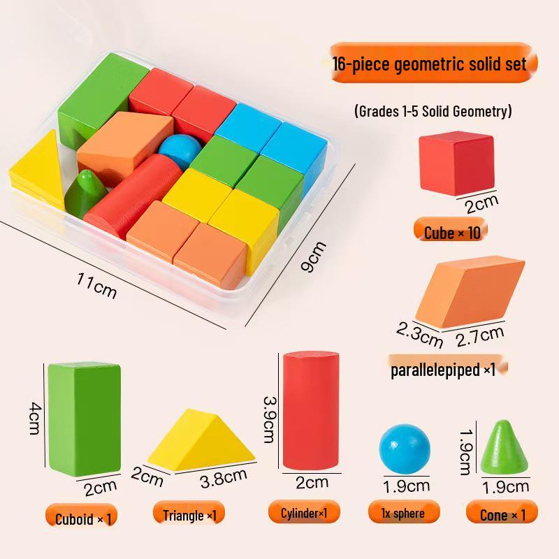 Colored Wooden 3D Geometric Shapes for Primary School Math: Cube, Cylinder, Rectangular Prism Building Blocks