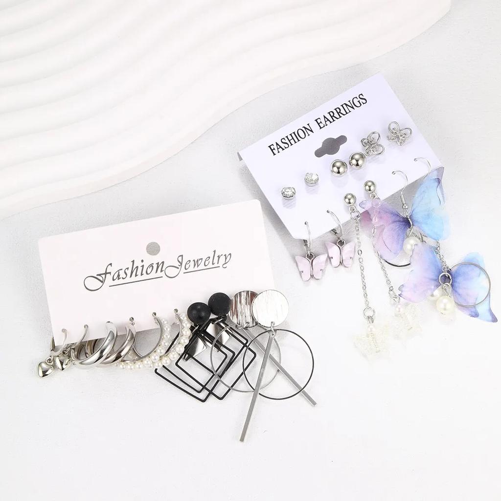 22 Pcs Silver Color Design Earring Sets For Women Butterfly Square Geometry Pearl Tassel Drop Earrings Fashion Jewelry Gifts New