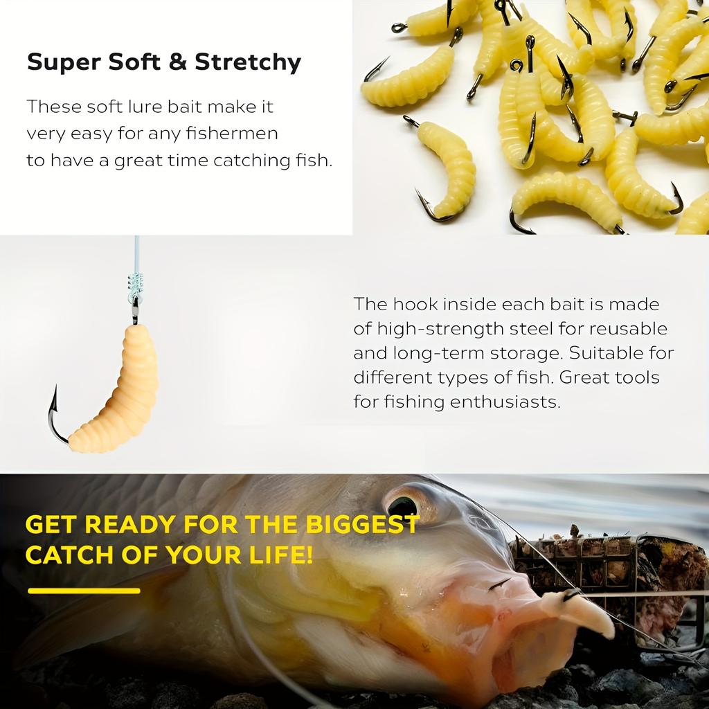 30pcs Yellow Rubber Maggots Fishing Bait Set with Hooks - Versatile Grub Lures for Bass, Trout, Crappie, Bluegill - Ideal for Freshwater Fishing