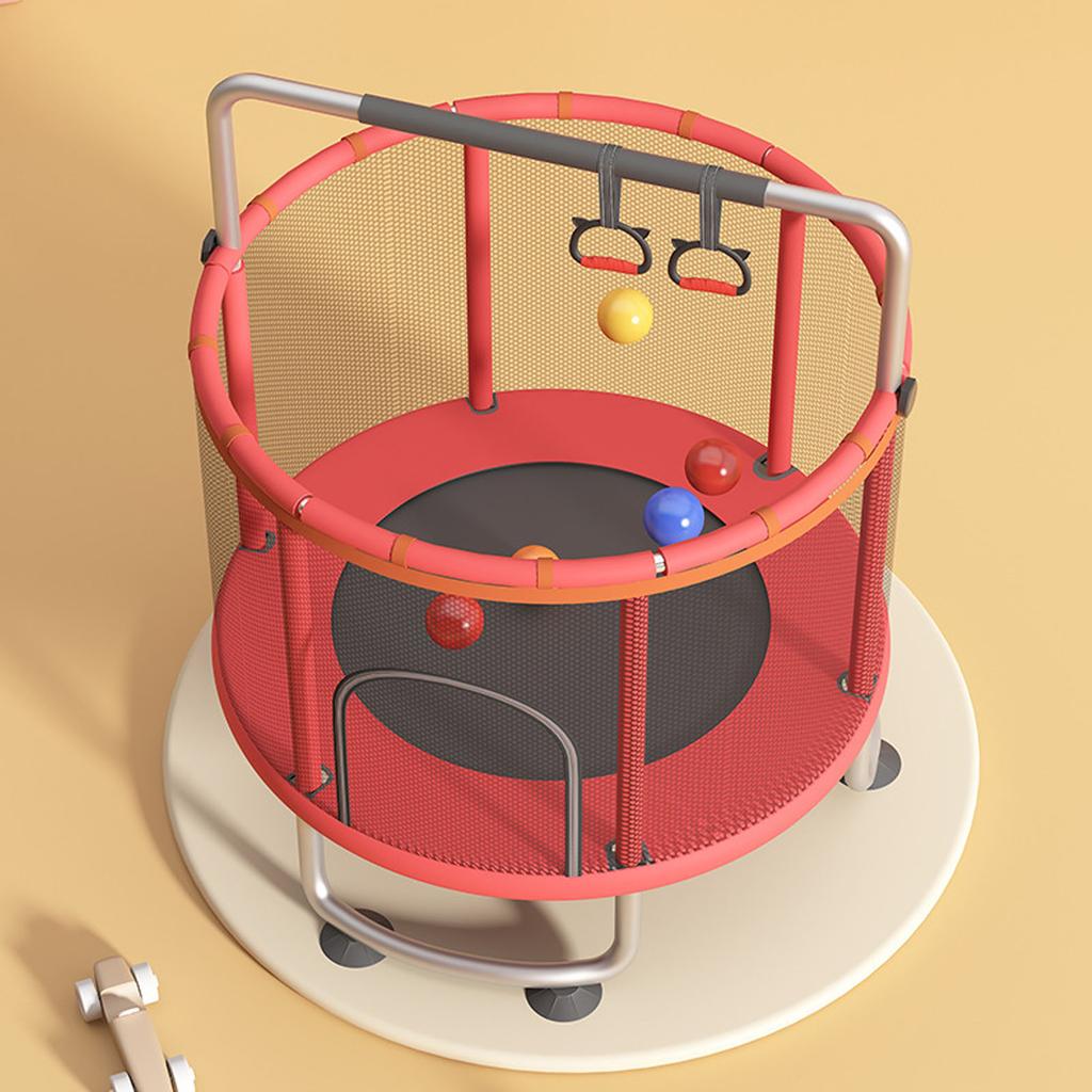 Kinder Trampolin Innen Außen Klein Fitness Trampolin Spielzeug mit Sicherheitsnetz Basketballkorb Gymnastikringe Schaukel für Jungen und Mädchen