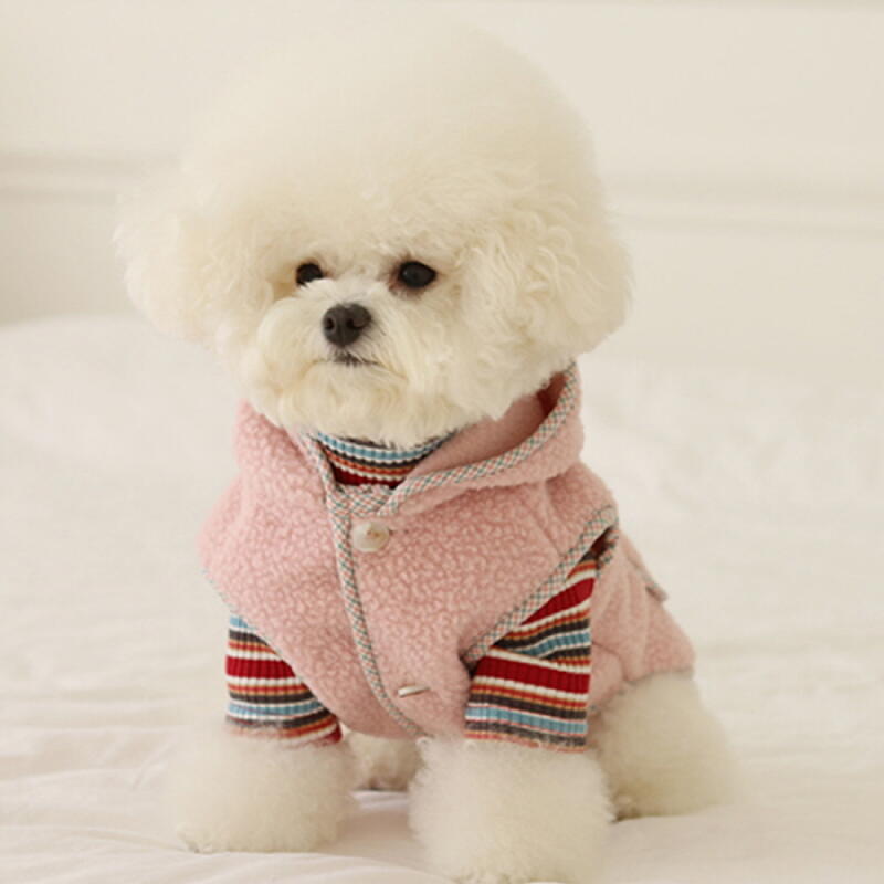 Checked Sheepskin Hooded Vest Dog Winter Clothes Ivory/S