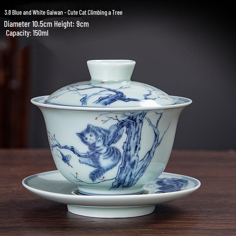 Large Blue & White Retro Sancai Gaiwan Ceramic Tea Cup with Infuser - Kung Fu Tea Set