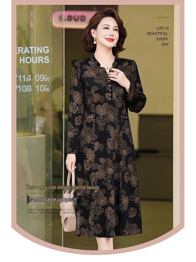 Spring New Plus Size Jacquard V-Neck Dress for Middle-Aged Women - Slimming, Long Sleeve, Stylish