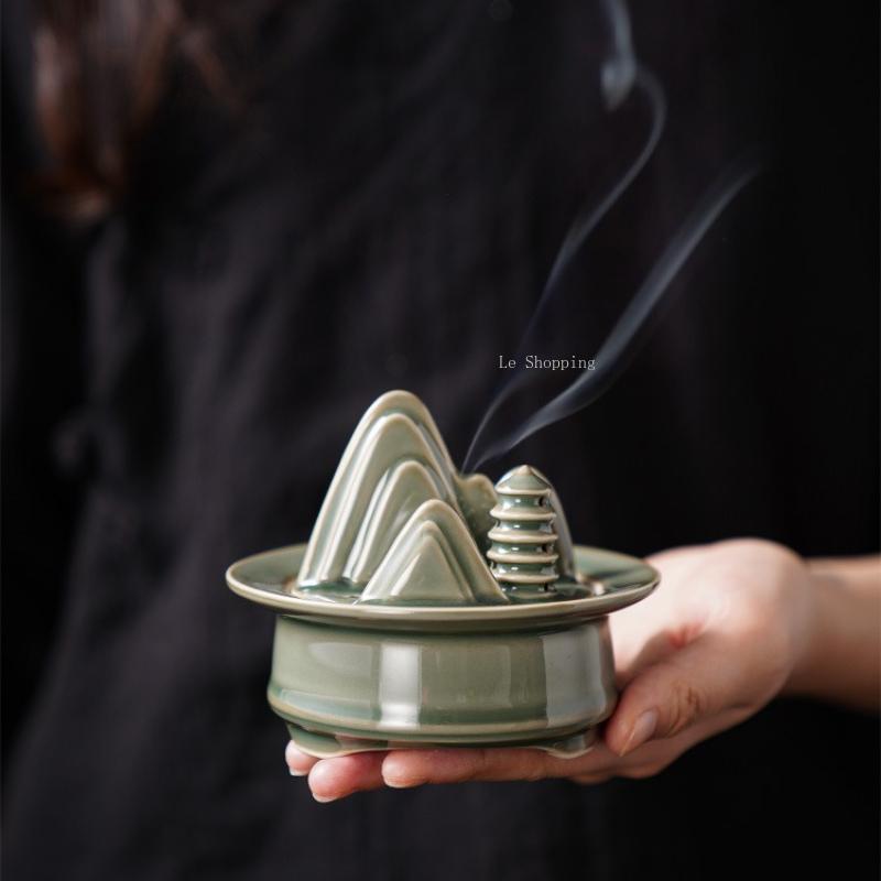 Zen Ceramic Green Mountain Incense Burner Temple Worship Household Indoor Censer Chinese-style Creative Tabletop Decoration