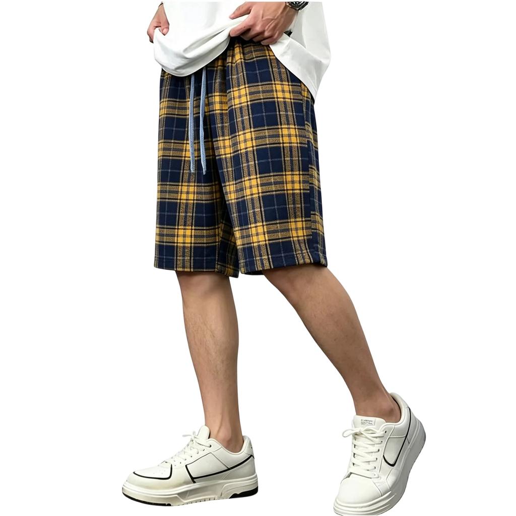 Men Drawstring Waist Plaid Print Casual Shorts Relaxed Fit Lightweight Breathable Fabric Knee Length Summer Bottoms