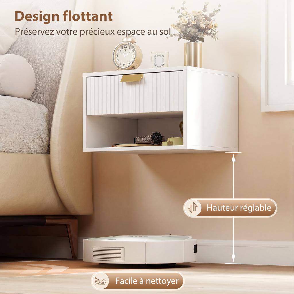 Set of 2 Wall-Mounted Nightstands, Grooved Drawer, Open Shelf, 40x30x25 cm, White