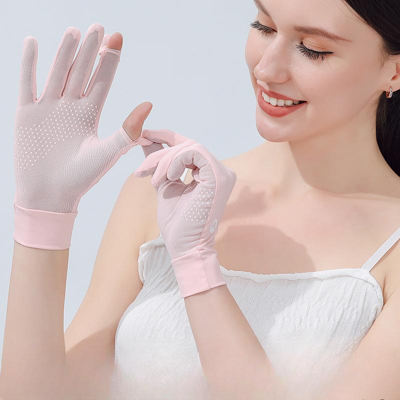 Summer Ice Silk Sunscreen Gloves for Women Outdoor Driving and Riding Non Slip Breathable Thin Style Finger Exposed Touch Screen Gloves