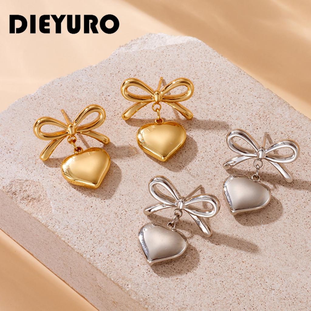 DIEYURO 316L Stainless Steel Gold Bow Heart Earrings For Womans New Fashion Exquisite Ear Accessories Jewelry Party Gifts