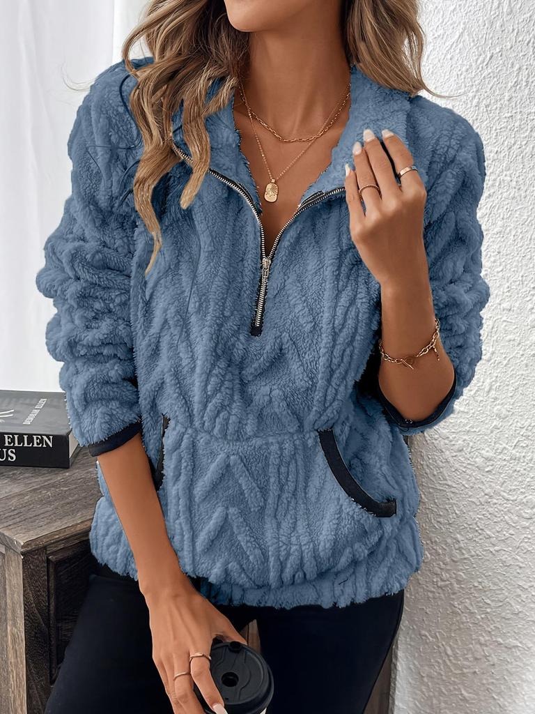 2025 Autumn/Winter European & American Lapel Jacquard Half-Zip Plush Pocket Short Sweatshirt